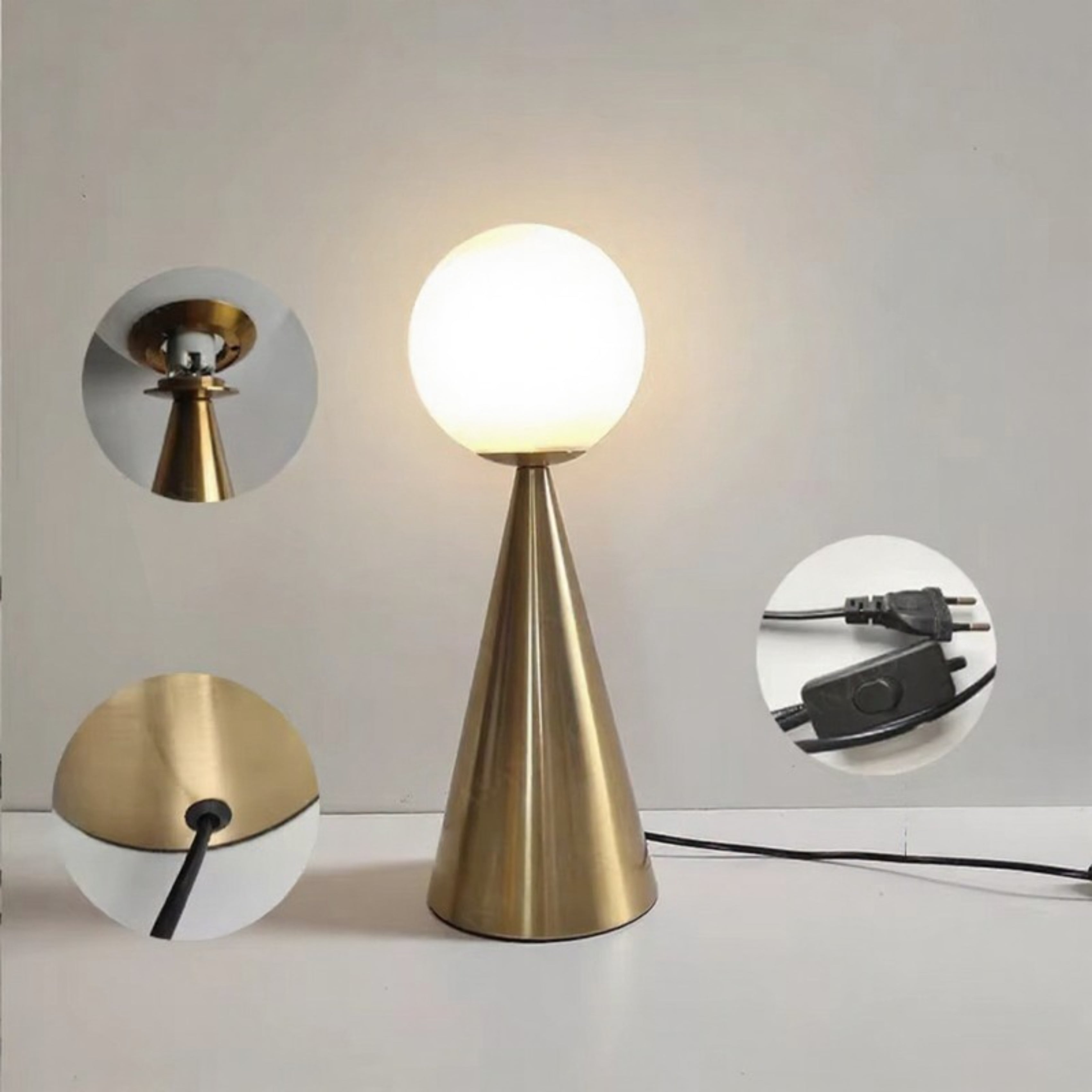 Lampe de table moderne en forme de cône argenté avec globe en verre dépoli Ma boutique